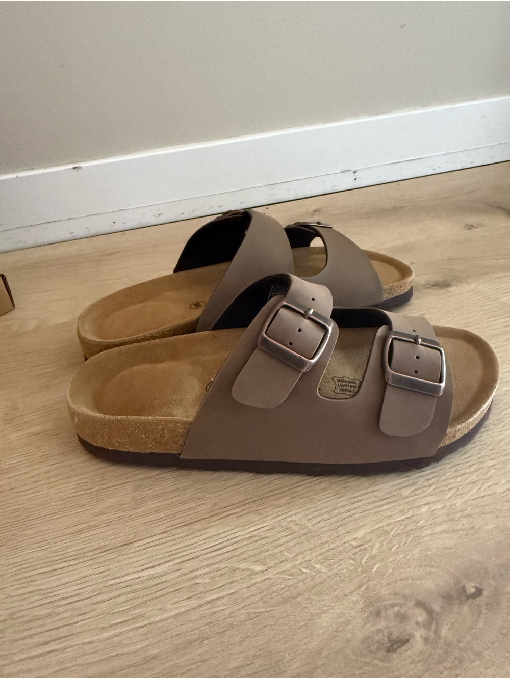 Adjustable Double-Buckle Slide Sandals in Taupe